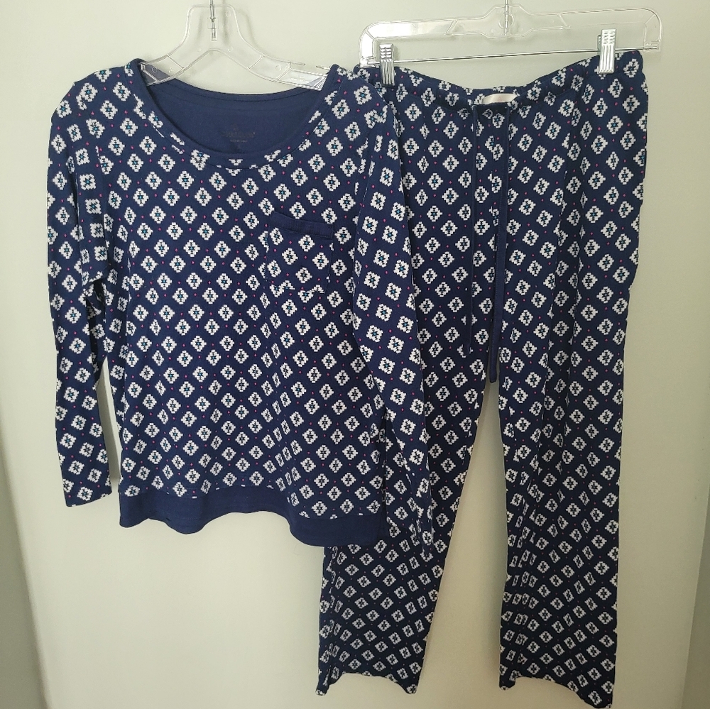 Cuddle Duds 2 Piece Long Sleeve Pajama Lounge Set Blue Small Geometric
